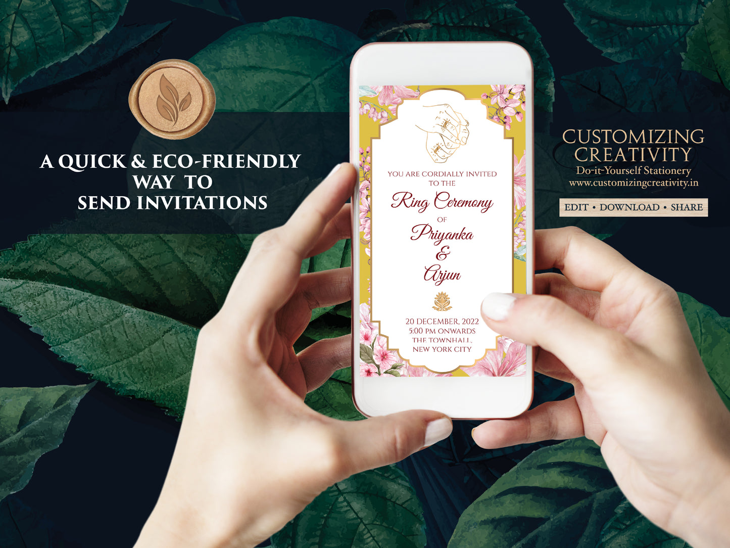 Floral Ring Ceremony Digital invite & Engagement invite template, WhatsApp Ring Ceremony card Digital as Summer Engagement invite Electronic