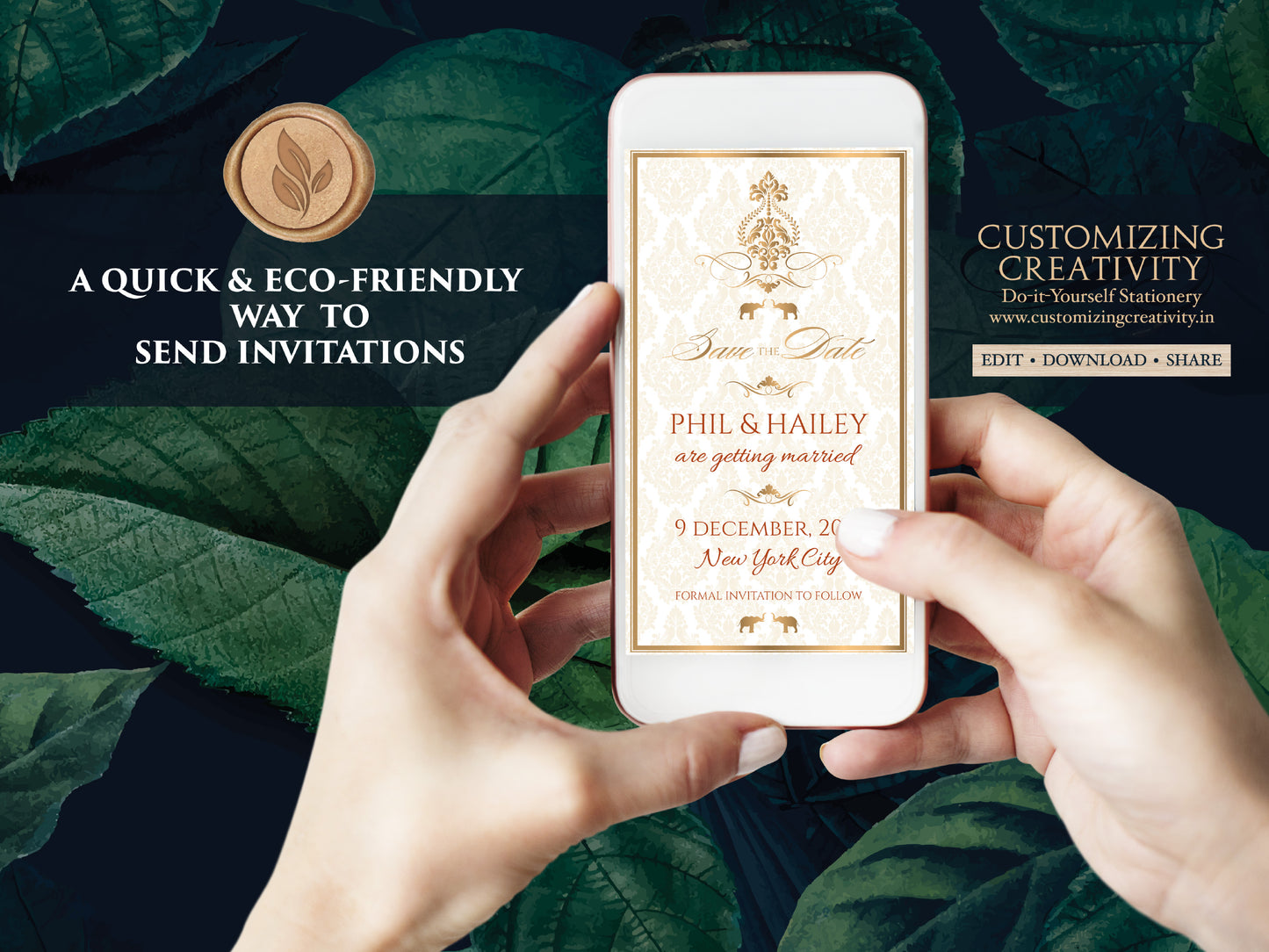 Gold Save the date Invite & Wedding Save the date template Hindu, Baroque Save the date Elephant as Indian Save the Date Digital invitations