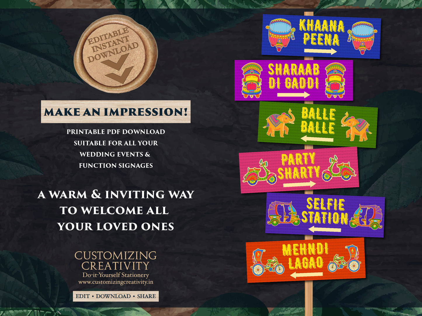 Colorful Mehndi Signs as Quirky Welcome Signages Indian, Fun Direction Signs & Indian Wedding signs Truck art, Desi wedding decor Punjabi