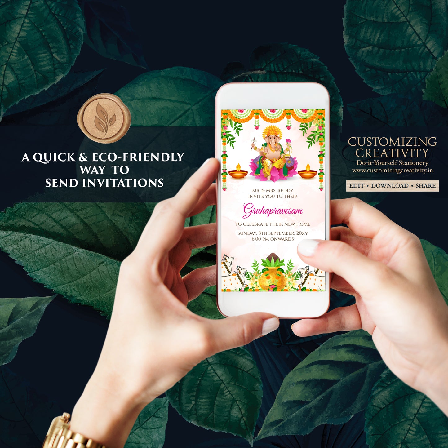 Digital Gruhapravesam invite Indian Housewarming invitation, Grihapravesh invite as Tamil Housewarming invite Telugu, Gruhapravesham invite
