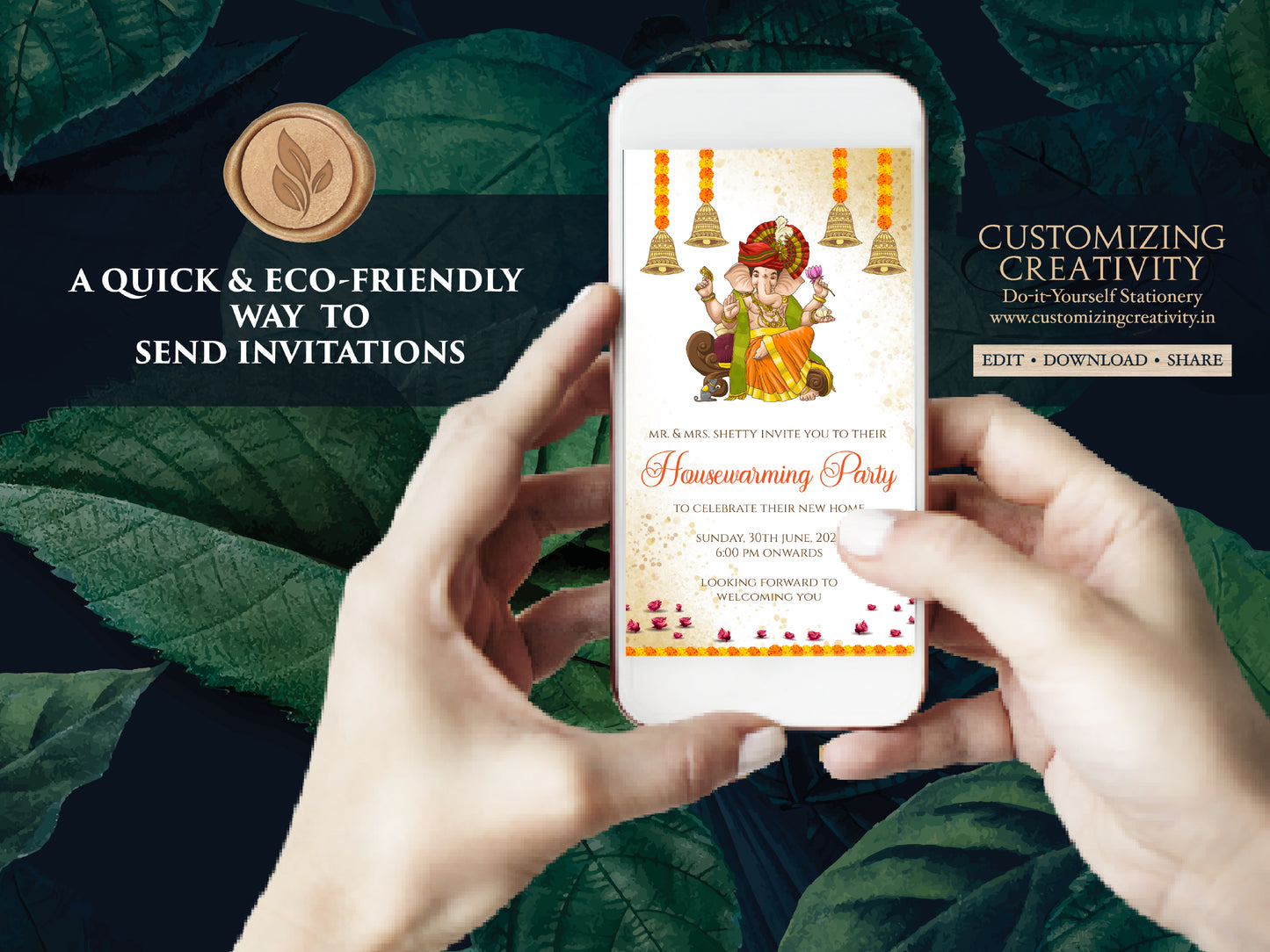 Ganesha invitations as Indian Housewarming invites as Ganesha invites as Digital Housewarming invitations, Indian Housewarming party invites