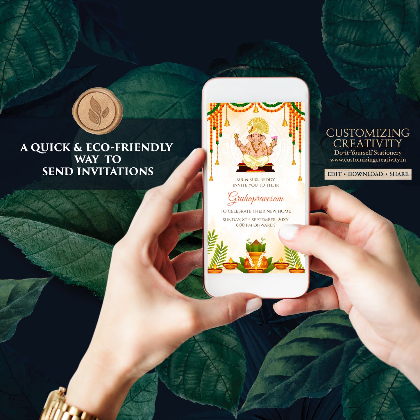 Digital Indian Housewarming invitation Gruhapravesam invite, Grihapravesh invite as Tamil Housewarming invite Telugu, Gruhapravesham invite