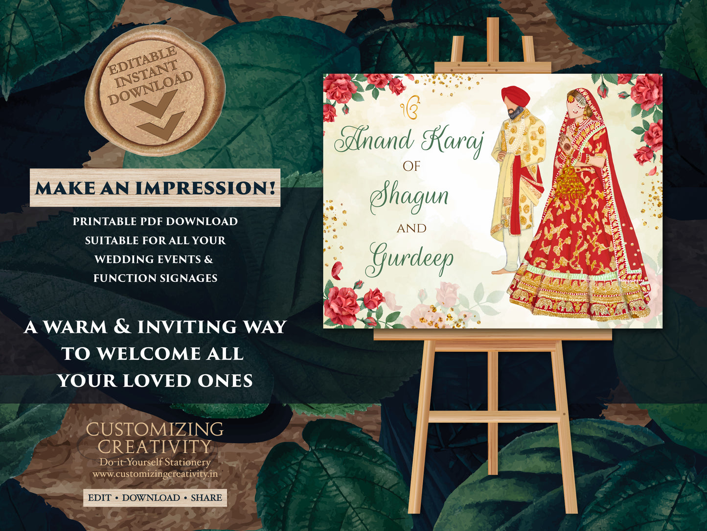 Sikh Welcome Wedding Sign Anand Karaj as Anand Karaj Welcome Sign, Sikh Wedding signs & Sikh Wedding Welcome Sign, Punjabi Welcome sign Sikh