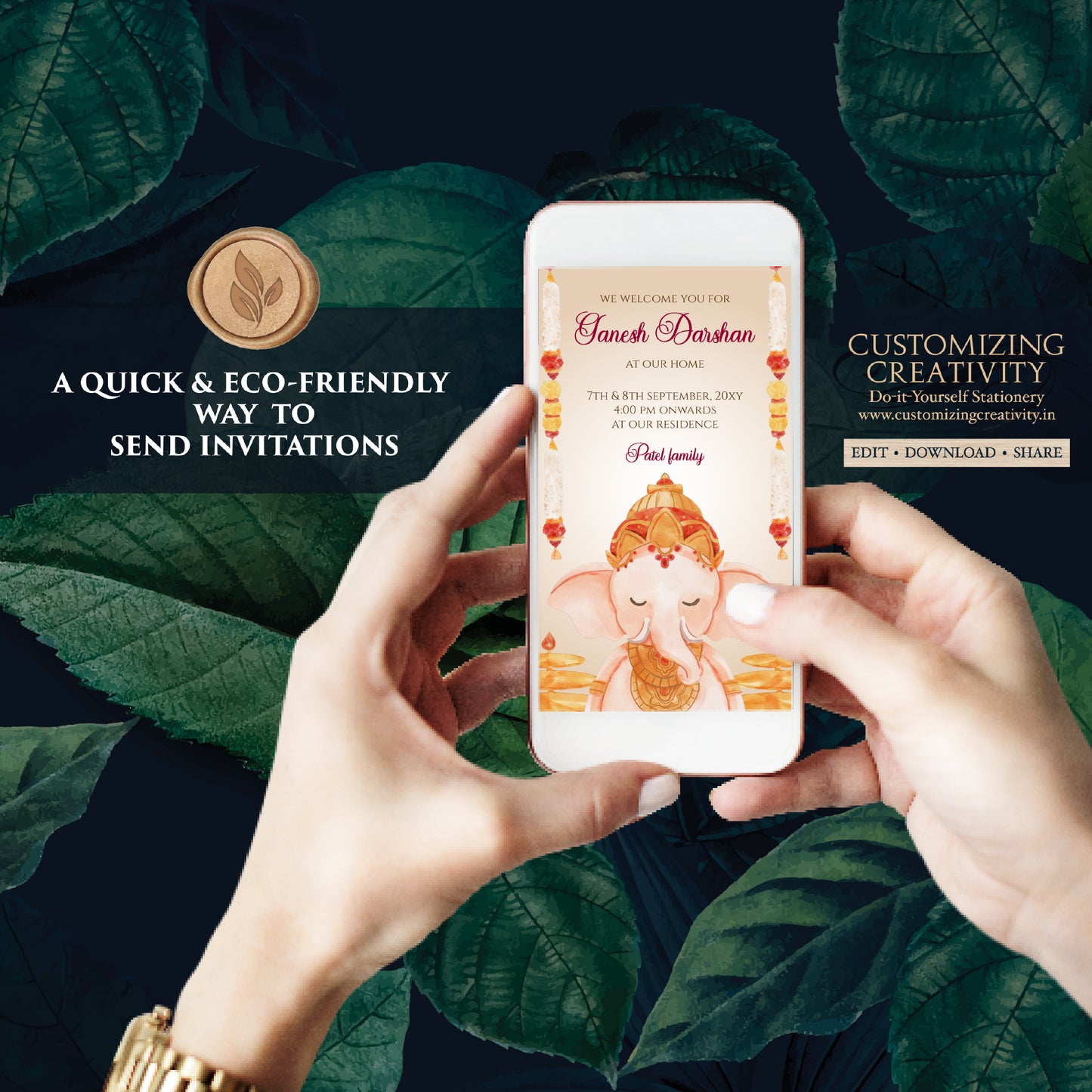 Ganesh Chaturthi card Digital Ganpati invites Ganesh invitations, Ganpati darshan invitation card Ganesh pooja invite as Ganpati invitations
