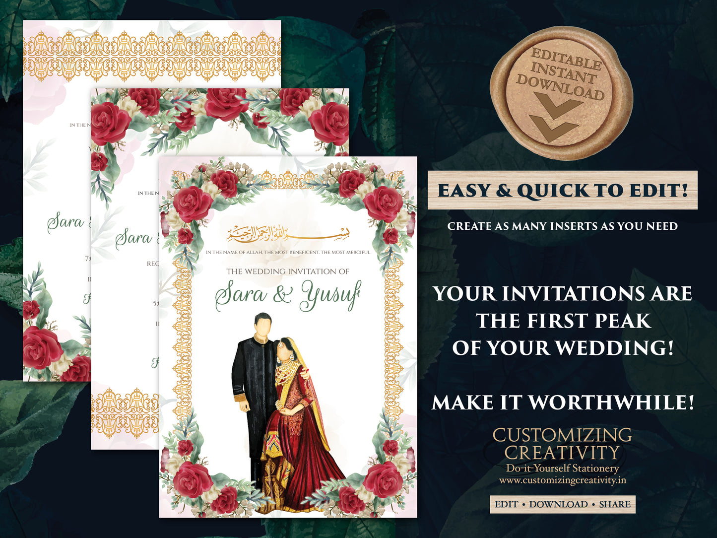 Digital Muslim wedding cards Nikkah invitation Pakistani, Islamic wedding cards & Nikah invitations, Shaadi cards as Digital Nikkah invites