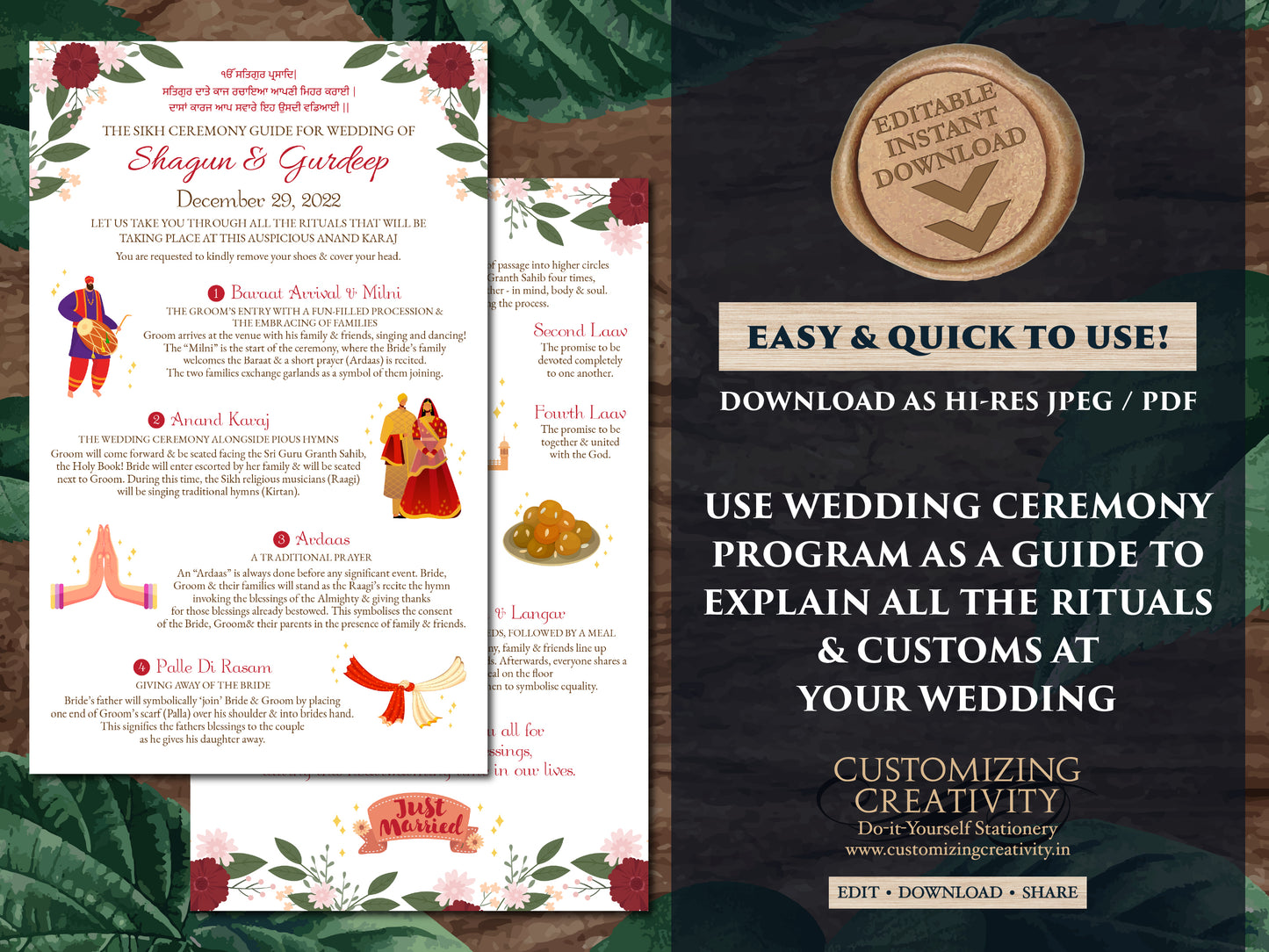 Sikh Wedding guide templates, Sikh ceremony infographics & Sikh ceremony program guide, Punjabi Wedding guide Indian as Anand Karaj programs