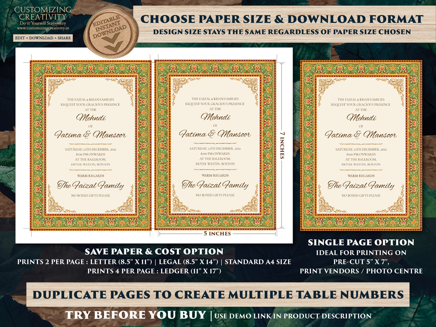Muslim Wedding invitation as Arabic Wedding Shaadi Card, Nikkah invite, Nikah invitation as Arabic invite, Muslim invite as Mehndi invite