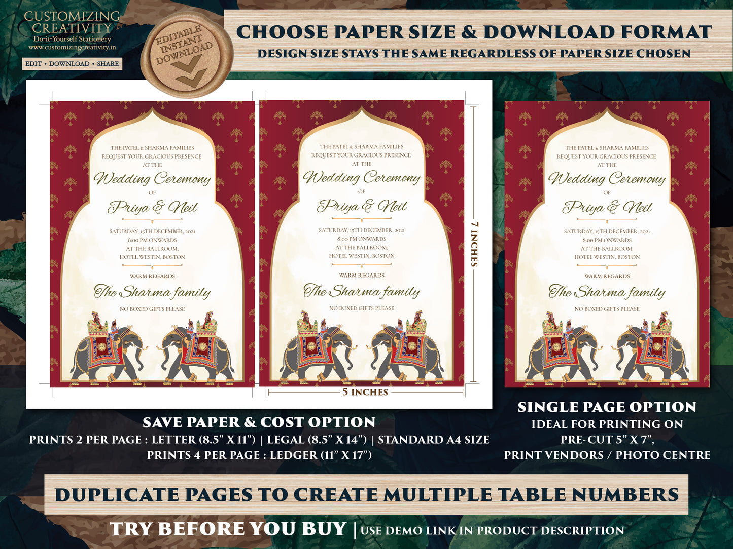 Indian Wedding Invitations as Elephant Invitation Hindu Wedding card, Hindu invitations as Royal Wedding invite, Indian Invitation Elephants