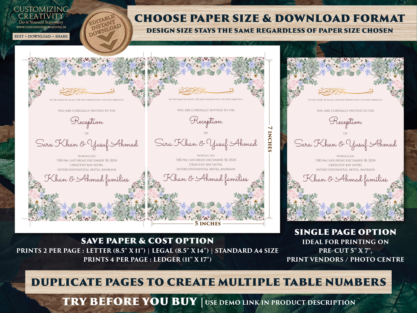 Digital Muslim Wedding Invitation Islamic, Nikkah invitation & Pakistani Wedding invite Muslim, Muslim wedding cards Islamic as Nikkah cards