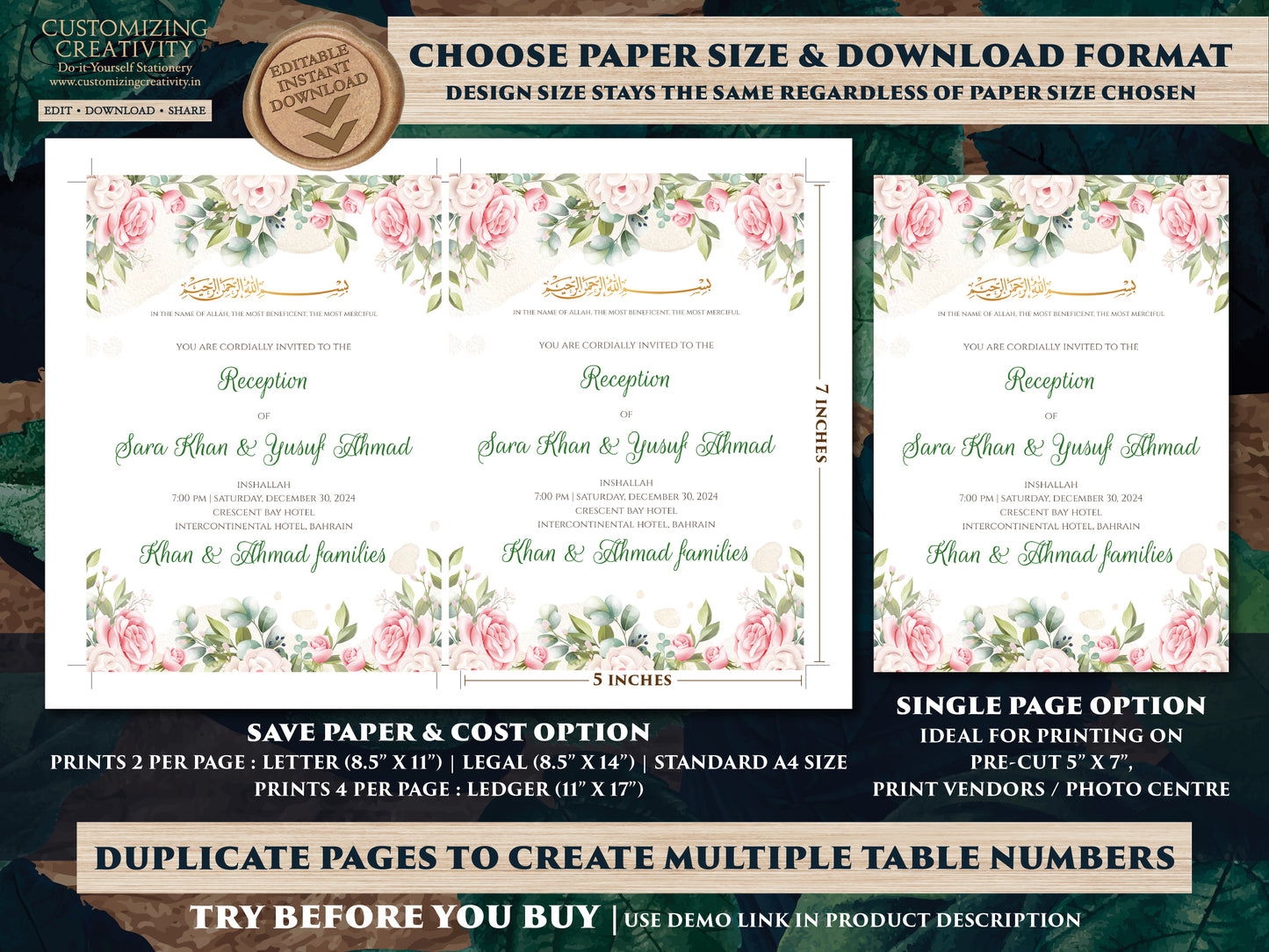 Arabic Invitation Pakistani & Digital Nikah invitations, Muslim Invitations Nikkah invite Digital, Muslim wedding card as Walima invitations