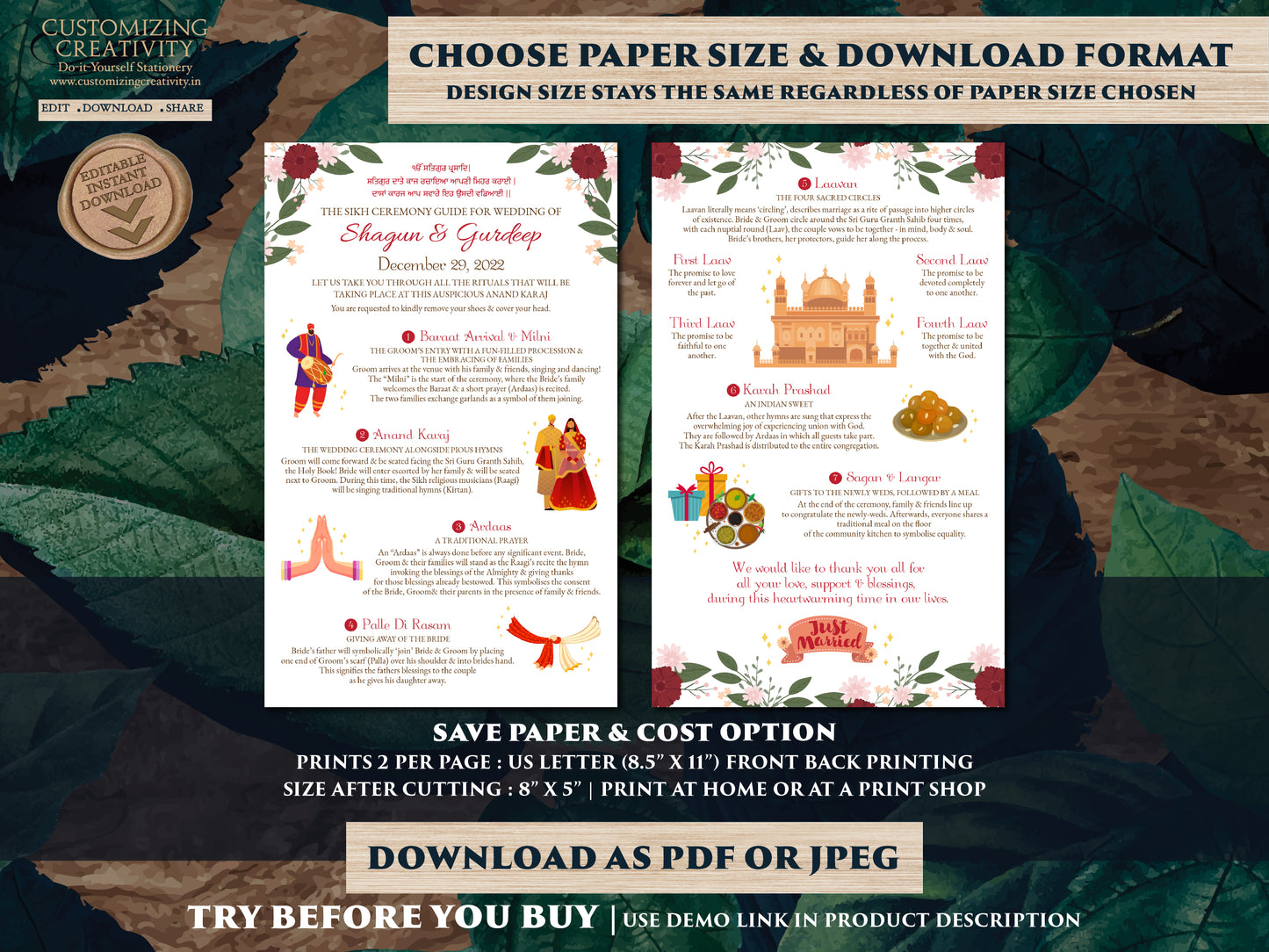 Sikh Wedding guide templates, Sikh ceremony infographics & Sikh ceremony program guide, Punjabi Wedding guide Indian as Anand Karaj programs