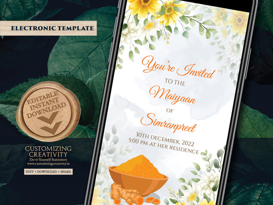 Maiyyan invites as Haldi invitations, Pithi Invites, Haldi ceremony invitations Electronic Vatna ceremony & Digital Haldi invite Maiyan card