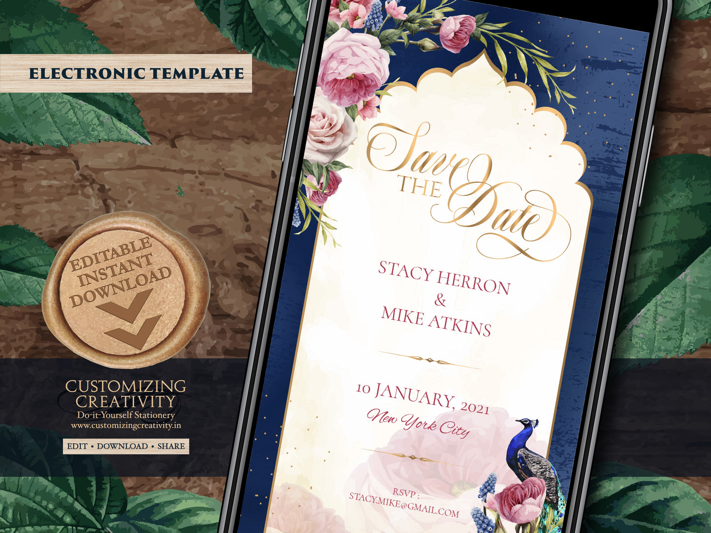 Indian Save the date Navy Wedding, Digital Blue Save the date template Peacock & Navy Save the date, Peacock Save the date Navy Blue Hindu