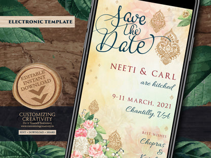Indian Save the date Electronic as Hindu Save the Date Digital, Wedding Save the Date Floral & Desi Wedding Save the Date Whats App invite