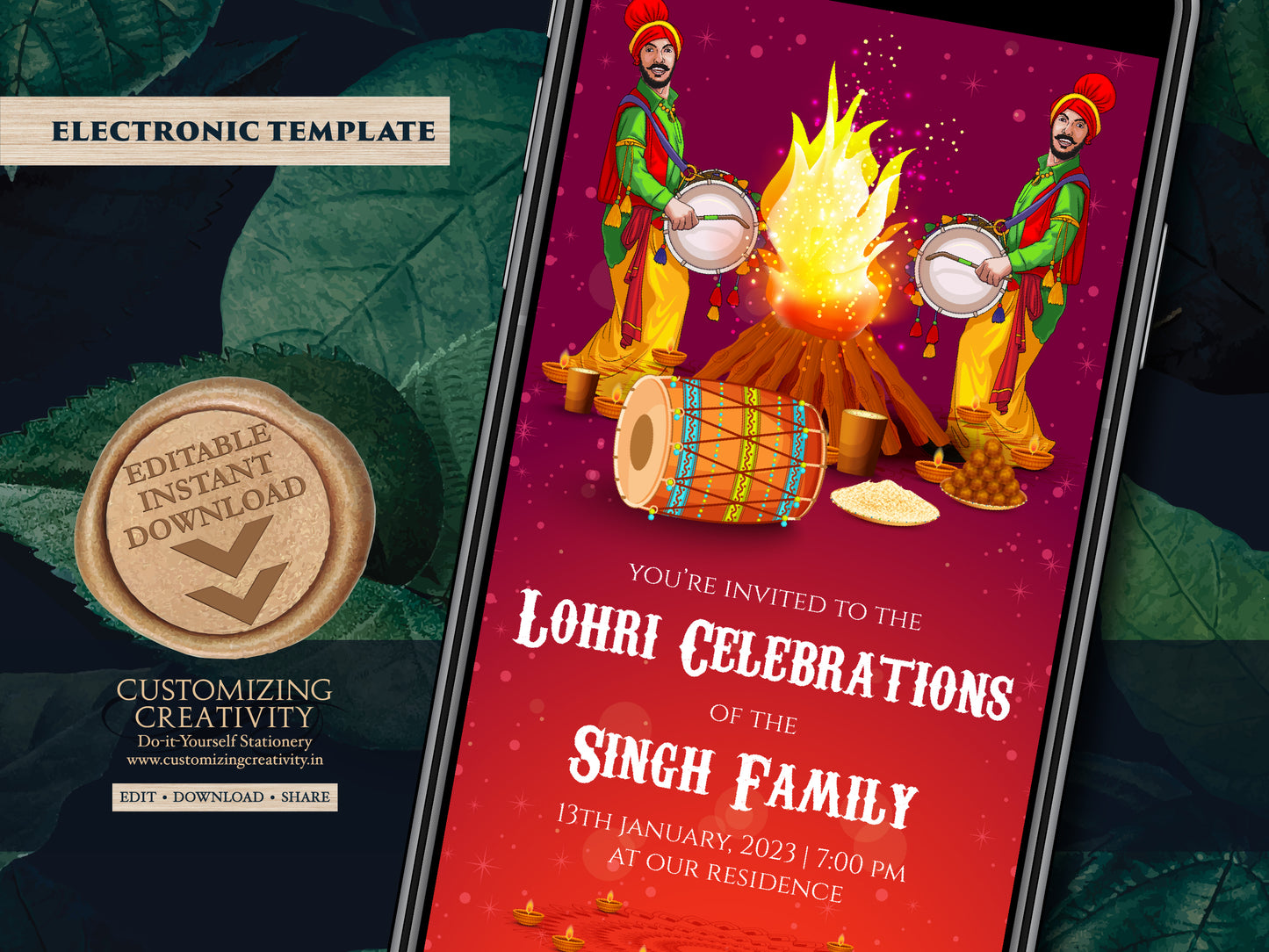 Digital Lohri invite as Lohri invitations, Lohri cards & Lohri party invite, Lohri celebration invite as Indian Lohri invite, Lori invites