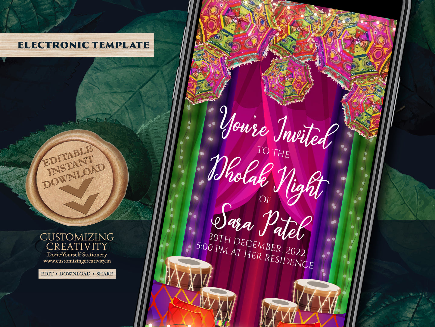 Muslim Dholak night invites, Punjabi Dholki invites digital as Muslim Dholki invitation, Dholak invitation & Pakistani Dholak Invite Digital