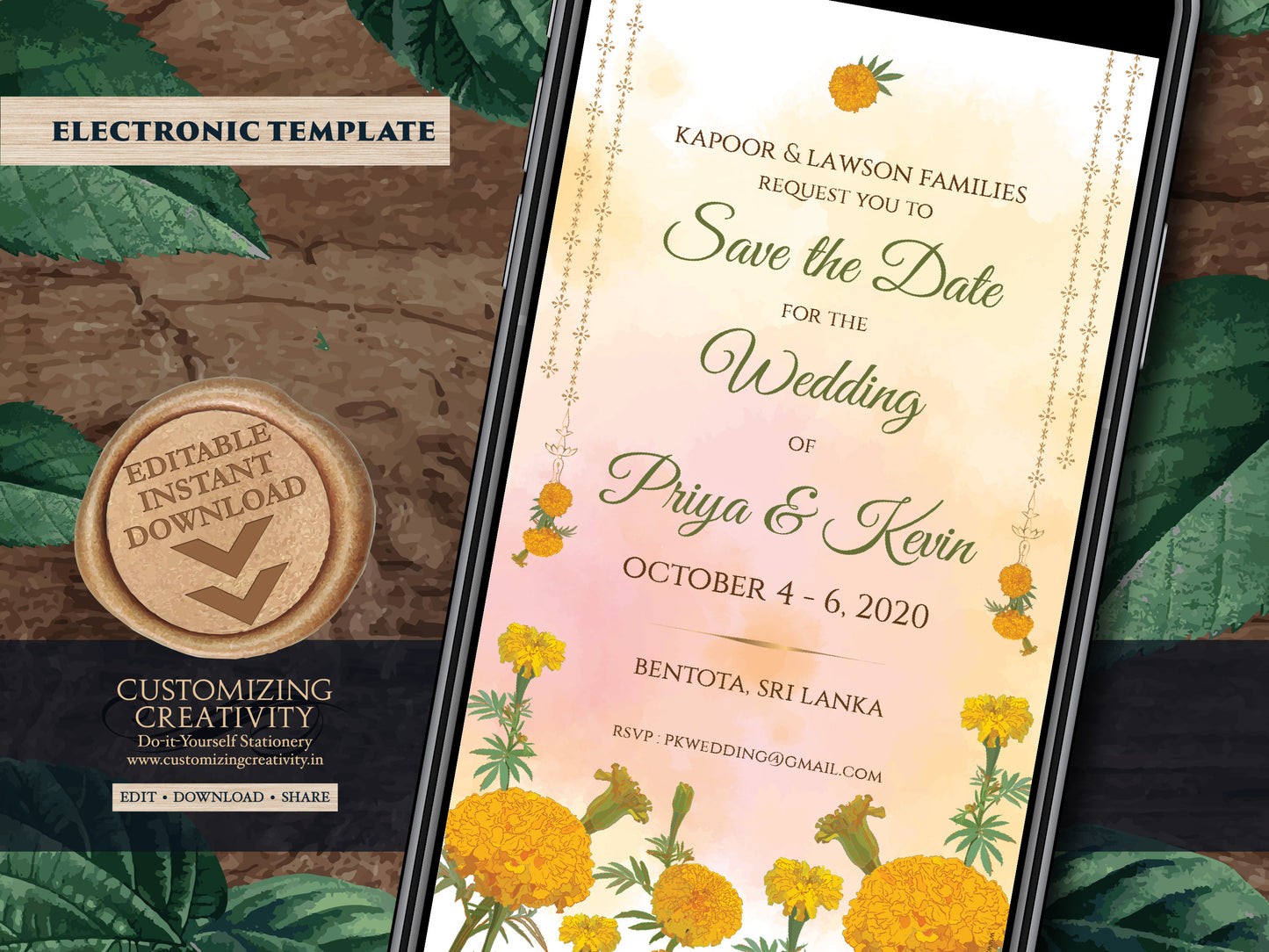 Marigold Save the date Electronic as Indian Save the Date Orange, Hindu Wedding Save the Date Genda Phool invite & WhatsApp Save the Dates