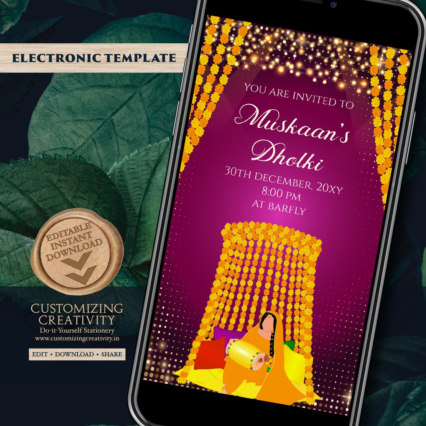 Muslim Mehndi invites Digital Dholki invitations, Dholki invites & Mehndi invitation, Mehendi invite as Digital Pakistani wedding invitation