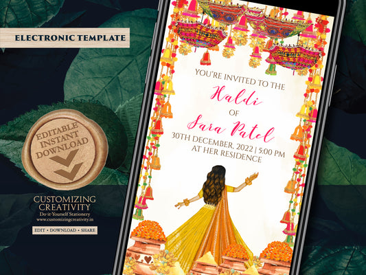 Digital Haldi invites & Haldi invitations, Electronic Haldi card as Holud invitations, Digital Pithi invites as Mayoun invites, Holud invite