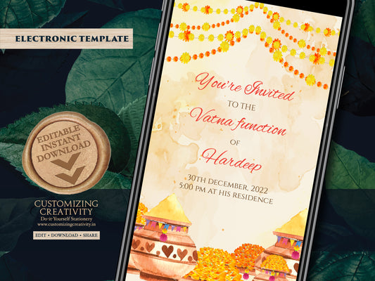 Vatna invites as Digital Haldi invites Indian, South Indian Pellikuthuru invitation & Digital Maiyan invites Pithi invitations, Pithi invite