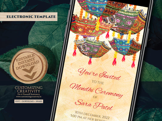 Mehndi invitations, Mendhi invites as Henna Party invites, Mehndi Invites, Henna Night invitations Electronic DIY & Digital Mehndi invites