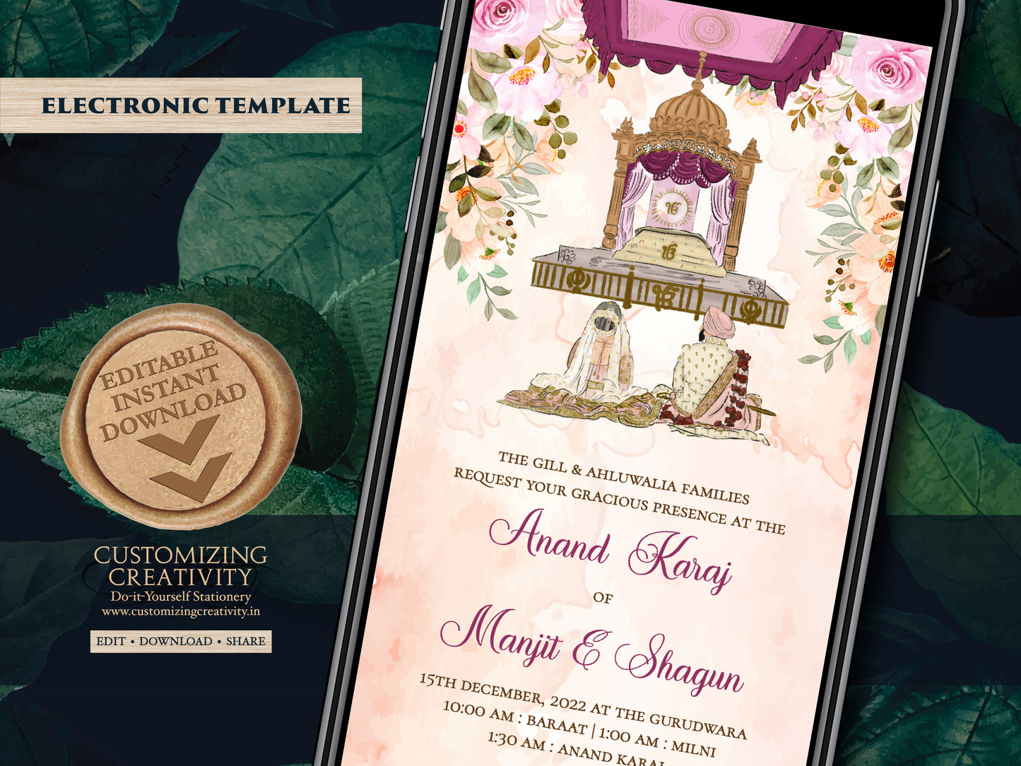 Anand Karaj invites & Sikh invites, Punjabi invitations as Punjabi Wedding card, Sikh invitation, Sikh Wedding cards as Sikh wedding invites