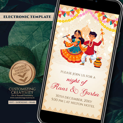 Raas Garba night invites Digital Dandiya invitation, Digital Raas Garba invitations Digital Navratri invites, Wedding Dandiya night invite