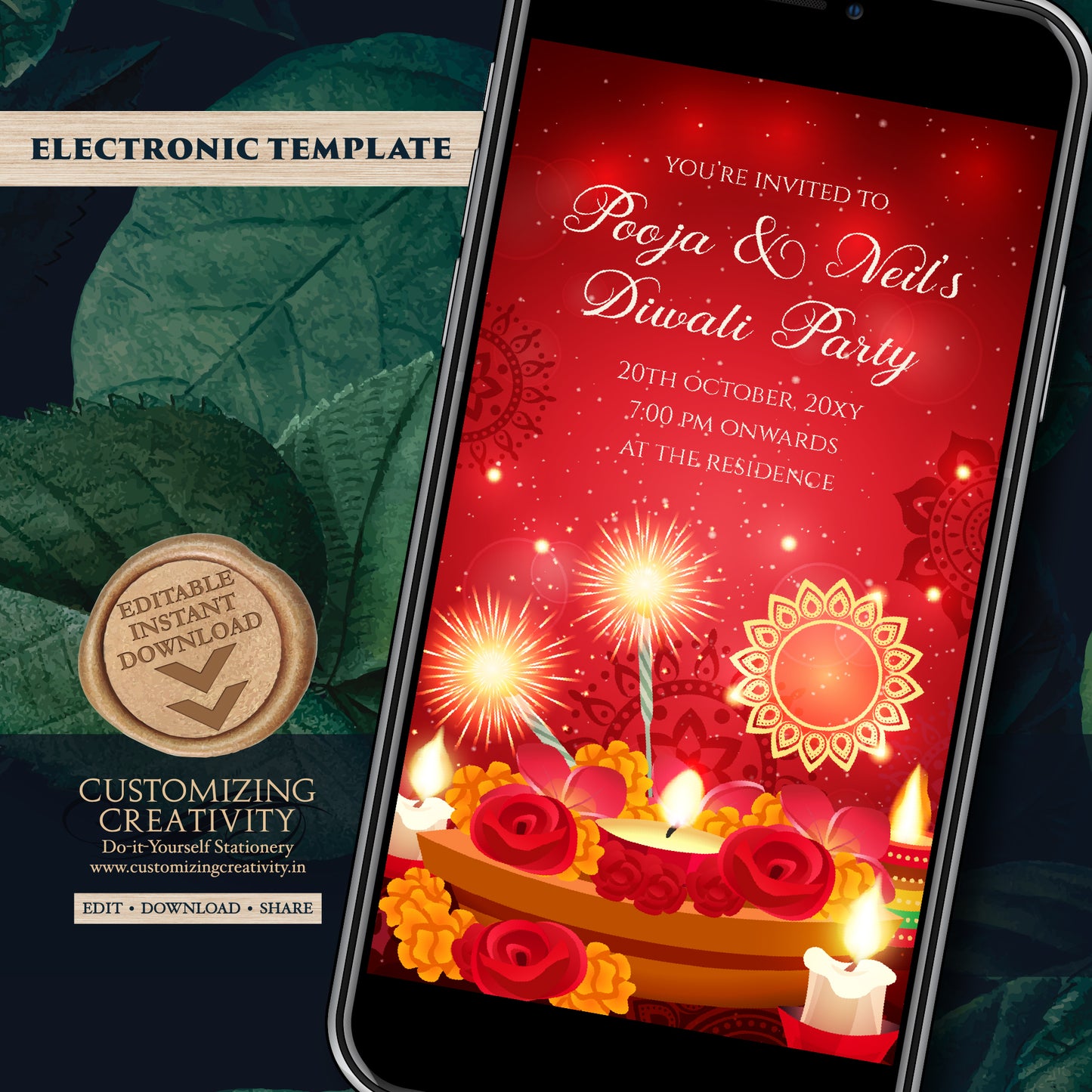 Digital Diwali Party invite Diwali invitations & Happy Diwali invite, Diwali invite as Diwali Dinner invites as Happy Diwali greeting invite
