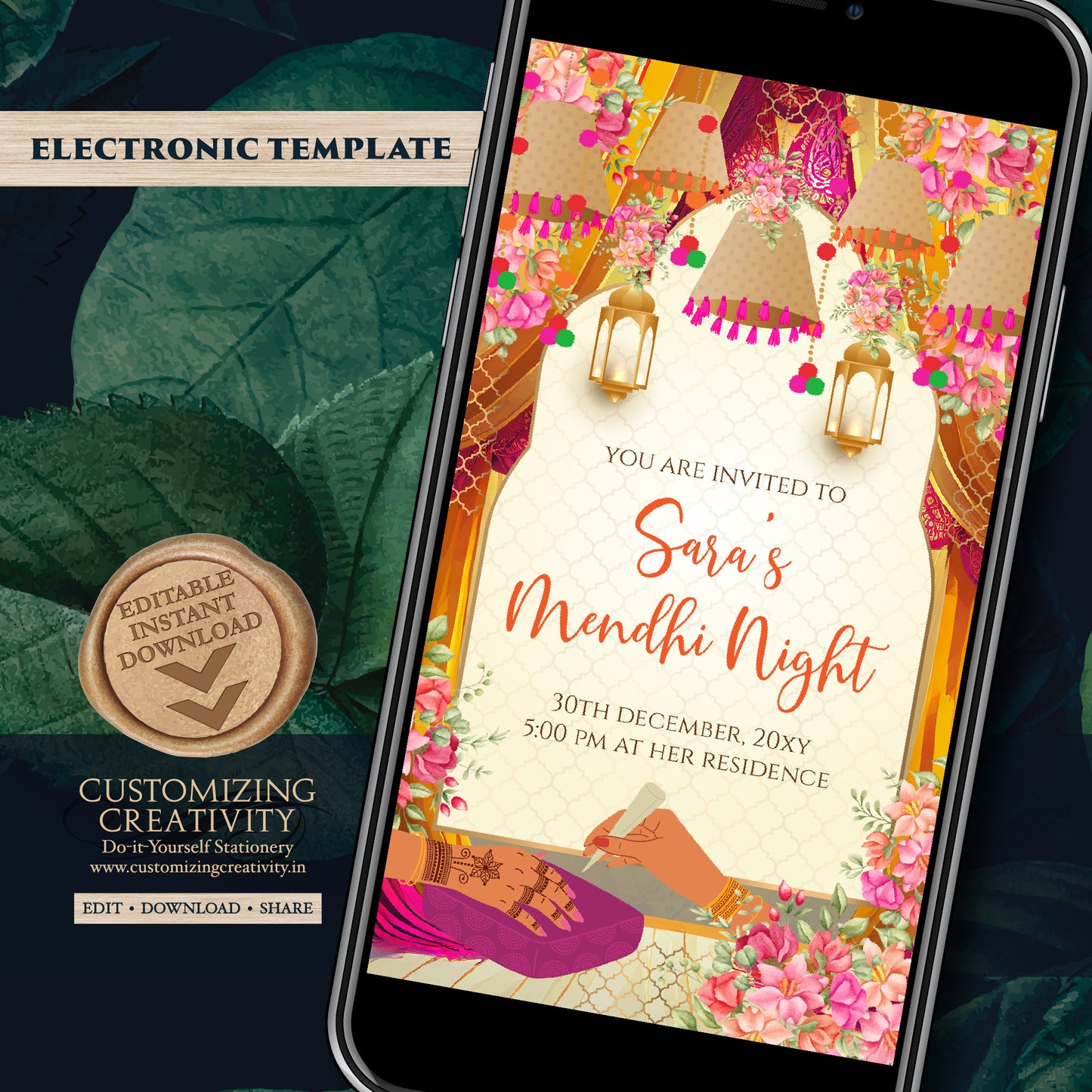 Mehndi invite Digital Mehendi invitation, Mehndi invitations Digital Dholki invite & Mendhi Night invite as Dholki invitations Mehndi cards