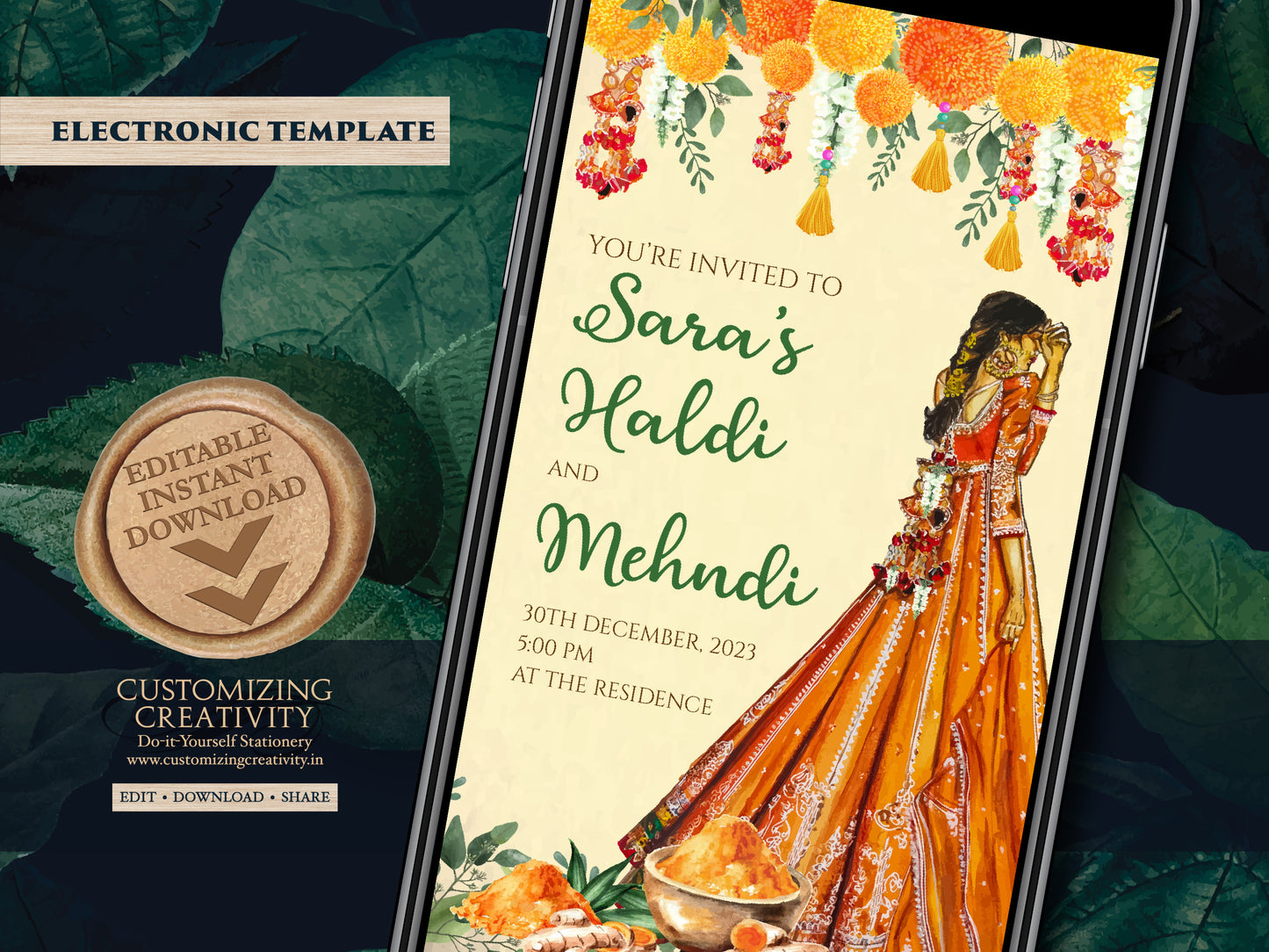 Electronic Haldi card as Holud invitations, Digital Haldi invites & Haldi invitations, Digital Pithi invites as Mayoun invites, Holud invite