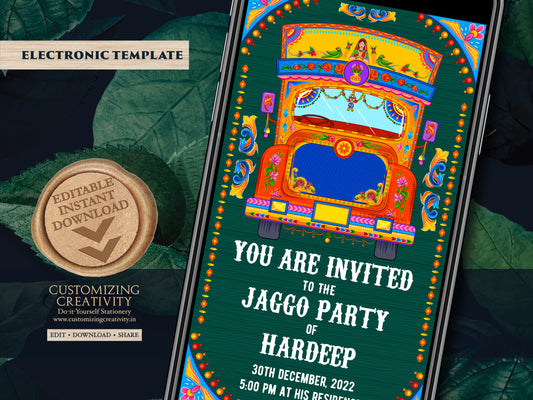 Jago Party invite & Bollywood party invite digital, Jaggo invites as Indian truck art invites, Jaggo Night invites, Punjabi party invitation