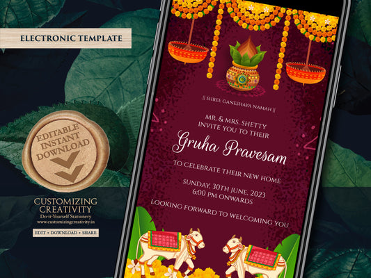 Pooja invite as Gruha pravesh invite, Griha pravesh invite as Housewarming invite, Gruhapravesam invitation & Indian Housewarming invitation