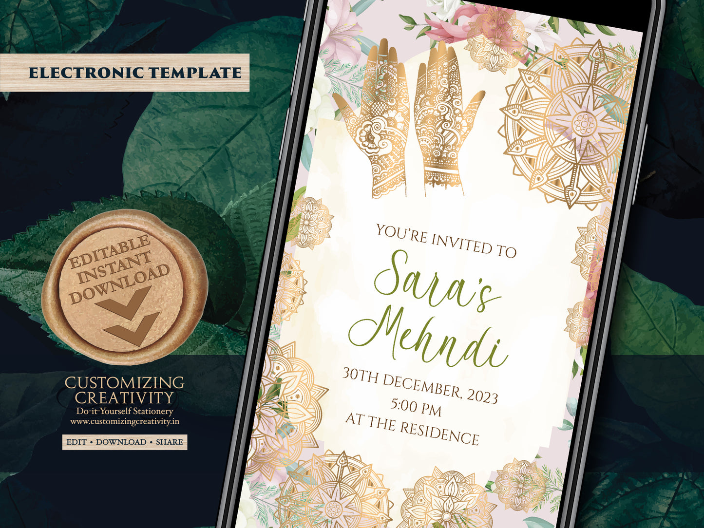Mehndi invitations as Mendhi invites, Mehendi invitations as Henna Party invites Mehndi Invites, Mendhi Night invite & Digital Mehndi invite