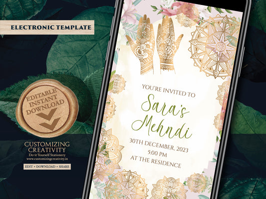 Mehndi invitations as Mendhi invites, Mehendi invitations as Henna Party invites Mehndi Invites, Mendhi Night invite & Digital Mehndi invite
