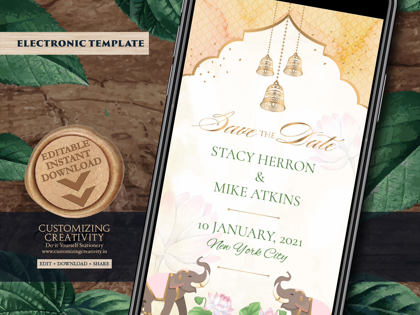 Indian Save the date Invite, Digital Save the date Elephant as Hindu Save the date electronic, Royal Elephant invitation Indian DIY template