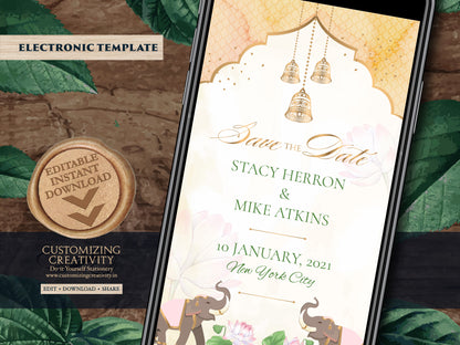Indian Save the date Invite, Digital Save the date Elephant as Hindu Save the date electronic, Royal Elephant invitation Indian DIY template