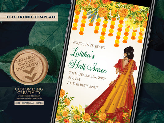 Half Saree function invitations & Saree Evite, Half saree invitations as Saree ceremony invite, Saree function invite as Half saree invites