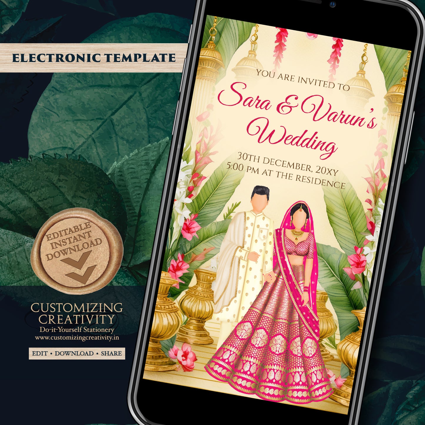 Indian Wedding invitation & Indian wedding card, Digital Hindu wedding invite Hindu invitation, Indian Wedding invite as Hindu Wedding cards