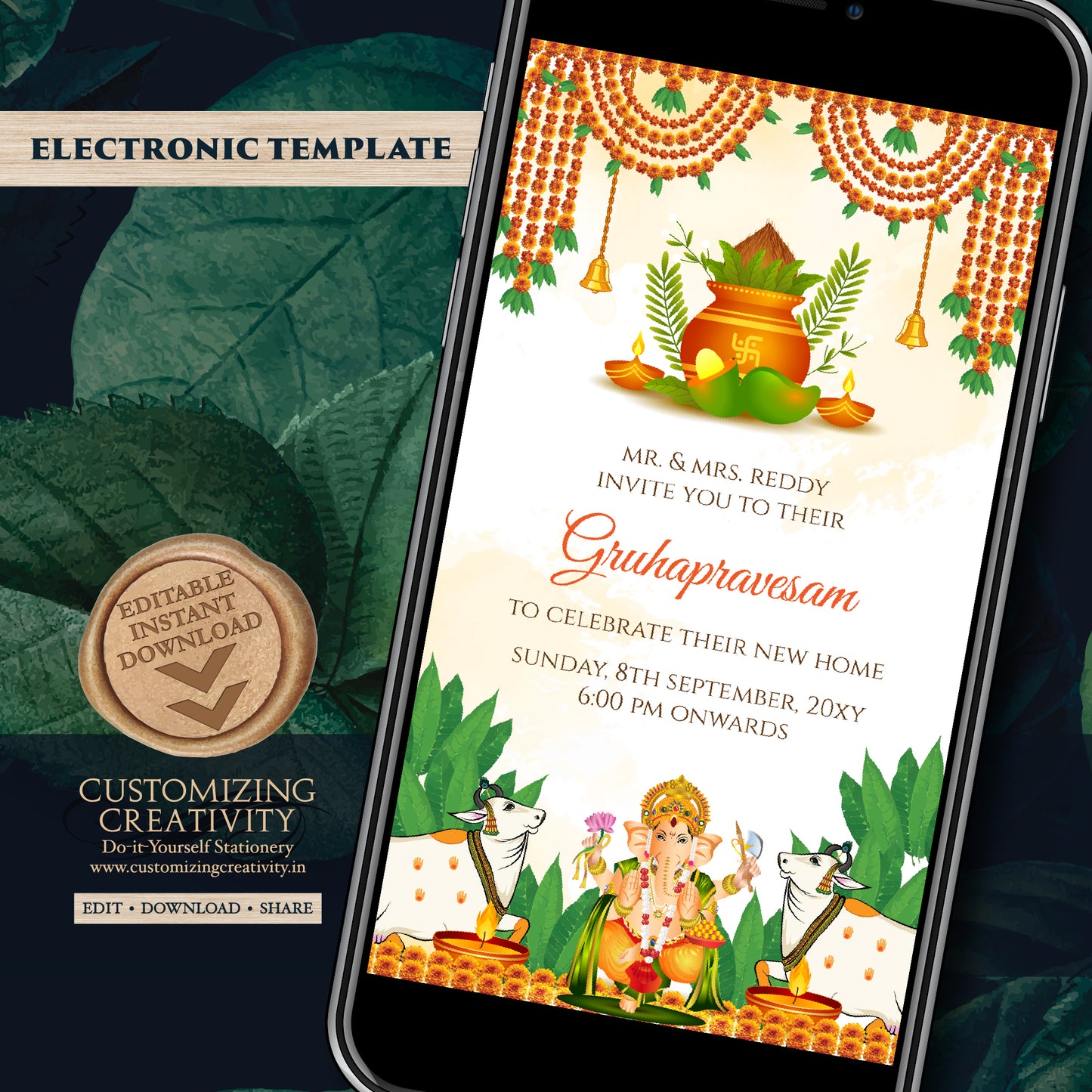 Tamil Housewarming invite Telugu Gruhapravesham invitation, Indian Housewarming invite Digital Gruhapravesam invite & Grihapravesh invite