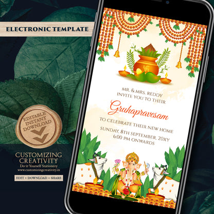 Tamil Housewarming invite Telugu Gruhapravesham invitation, Indian Housewarming invite Digital Gruhapravesam invite & Grihapravesh invite