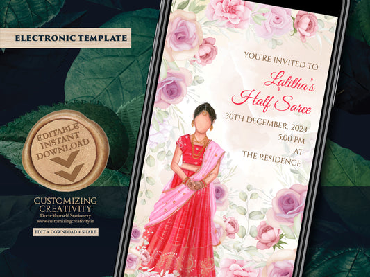 Half saree invitations as Half saree cards, Half Saree invite & Half Sari invitations, Half sari ceremony cards as Indian Half sari invites