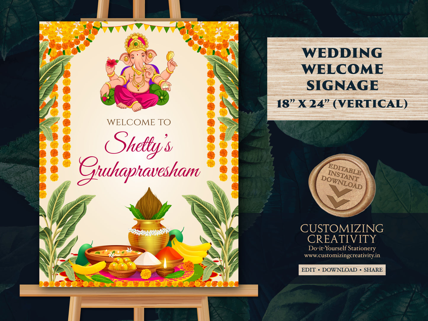 Indian Pooja sign & Ganesh puja sign, Gruhapravesam poster as Grihapravesh sign, Gruhapravesham sign as Indian Housewarming welcome sign