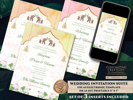 Pastel Invitation for Indian Wedding, Indian Elephant Invitation Template Download for Pastel Wedding in Blush Pink with Elephants & Lotus