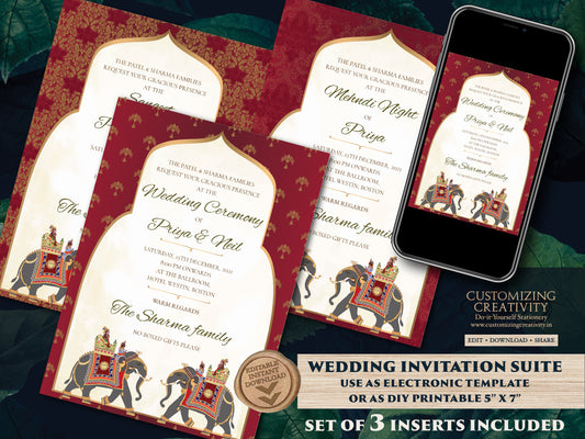 Indian Wedding Invitations as Elephant Invitation Hindu Wedding card, Hindu invitations as Royal Wedding invite, Indian Invitation Elephants