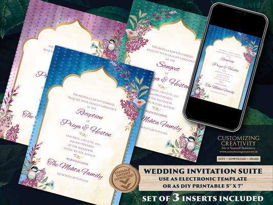 Jewel Tone Wedding Invitation Template Download for Boho Indian Wedding, Royal Invitation Suite Indian invitation card with Jewel Tones