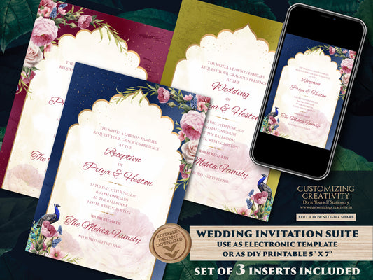 Peacock Wedding Invitation as Peacock invitations, Indian Invitation Jewel Tones & Indian Peacock invites, Indian Wedding invitations Hindu