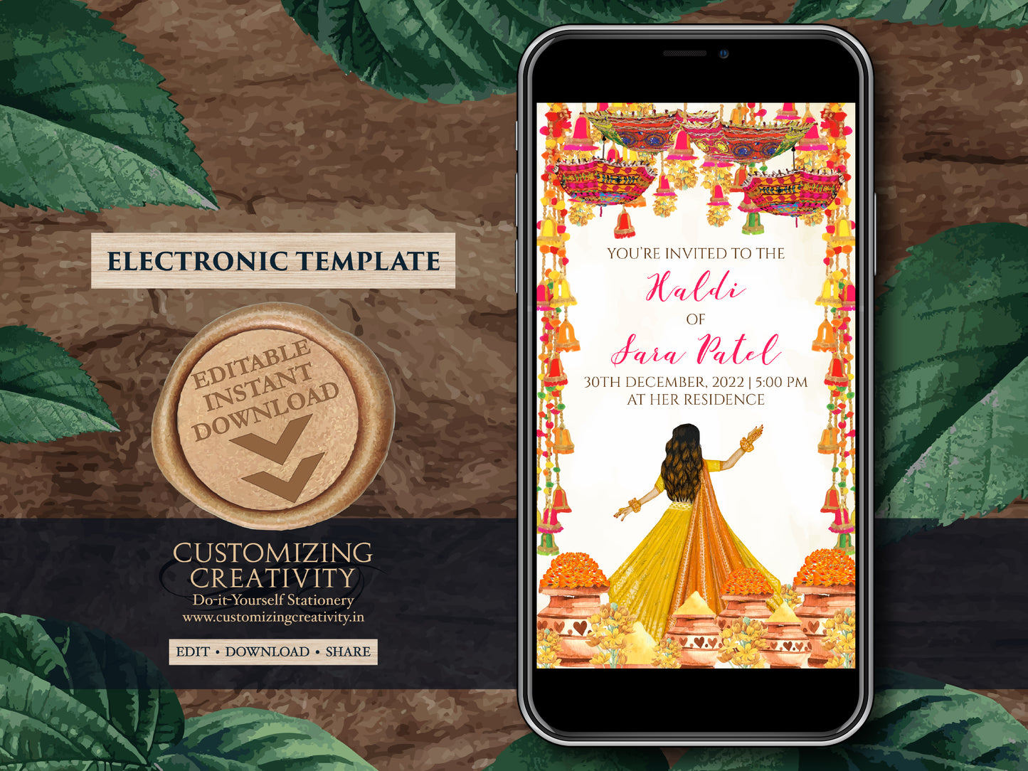 Digital Haldi invites & Haldi invitations, Electronic Haldi card as Holud invitations, Digital Pithi invites as Mayoun invites, Holud invite