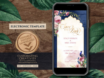 Indian Save the date Navy Wedding, Digital Blue Save the date template Peacock & Navy Save the date, Peacock Save the date Navy Blue Hindu