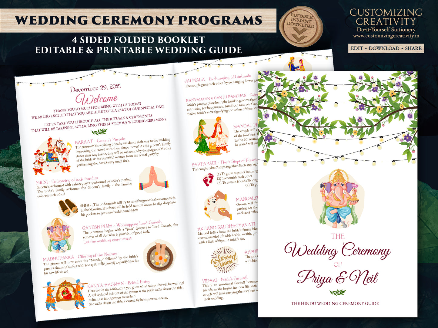 Hindu Wedding Program printable as Indian Wedding Ceremony program template, Hindu Ceremony program as Indian Wedding infographics Guide