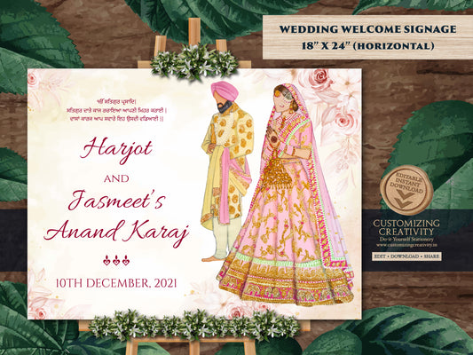 Sikh Wedding Welcome Signage as Anand Karaj Signage, Indian Wedding Welcome signs & Sikh Welcome Signs, Gurudwara Wedding Signage Entry Sikh